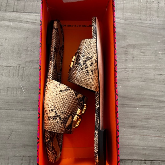 Tory Burch Two Tone Python Leather Eleanor Flat Slides - Picture 3 of 9